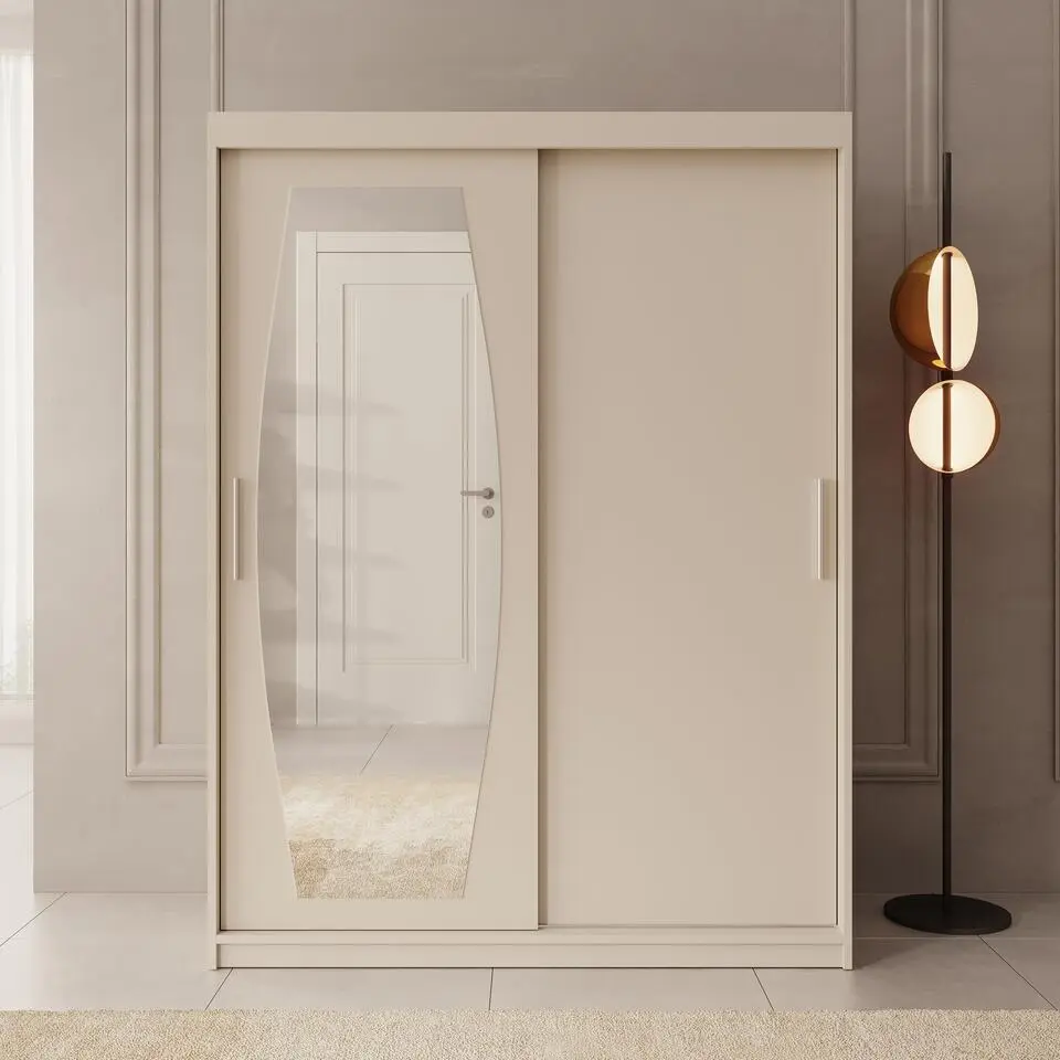 Meubella - Kledingkast Azai - Beige - 150 cm - Met spiegel