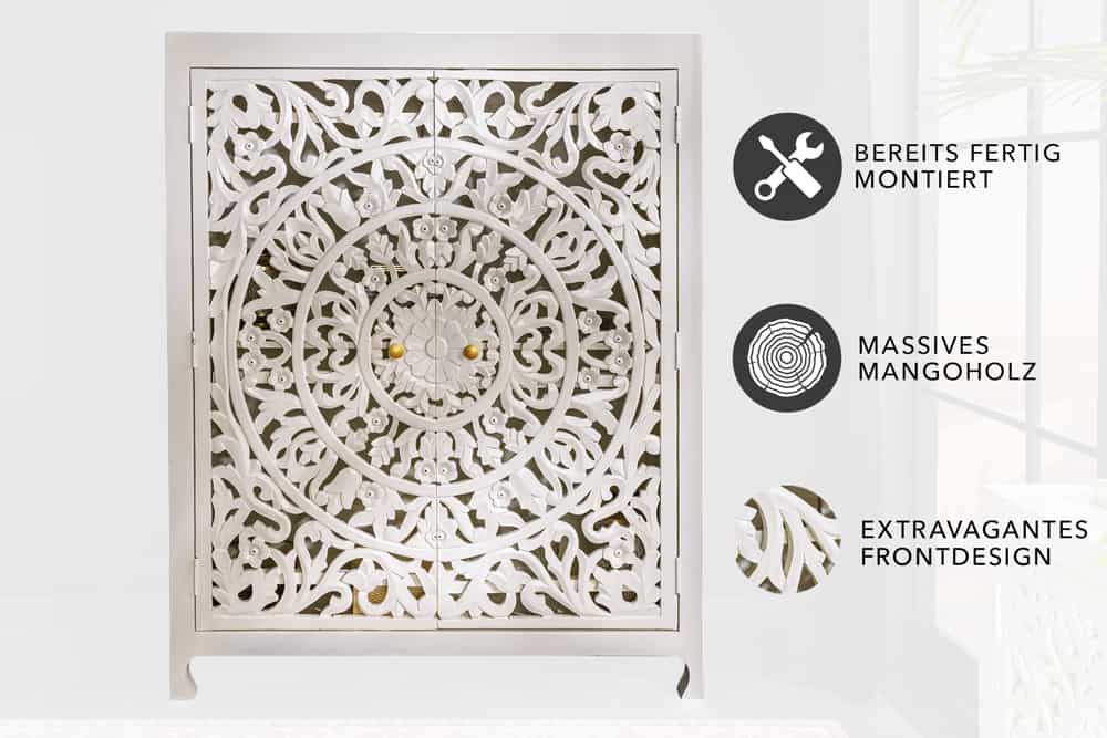 Massives Highboard MARRAKESCH 140cm weiß Mangoholz mit Verzierung handmade