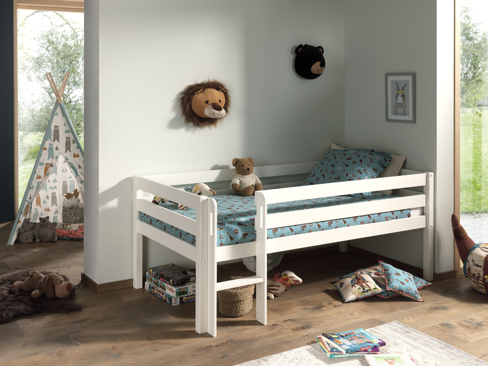 Kojen-Spielbett - weiß - Leiter - Rolllattenrost - 90x200 cm