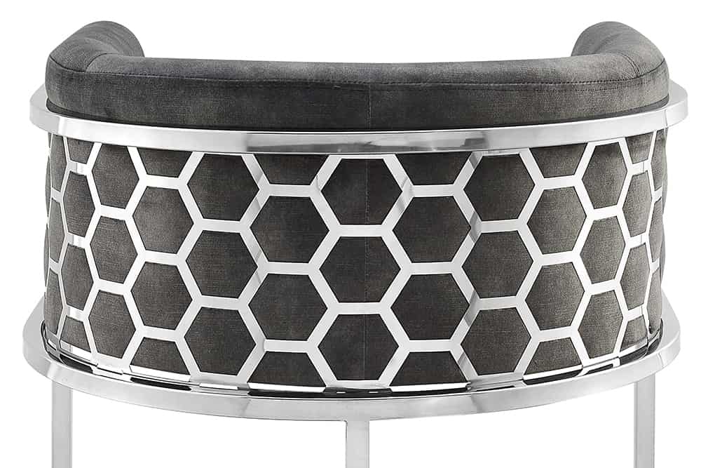 Stilvoller Barhocker ELEGANCE grau Samt silber Edelstahl mit Armlehne und Fußablage
