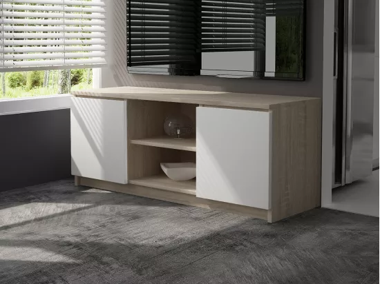 Meuble TV pour salon AKORD Chêne Sonoma 140 cm 2 portes façade Blanche 2 étagères 140x40x55 cm