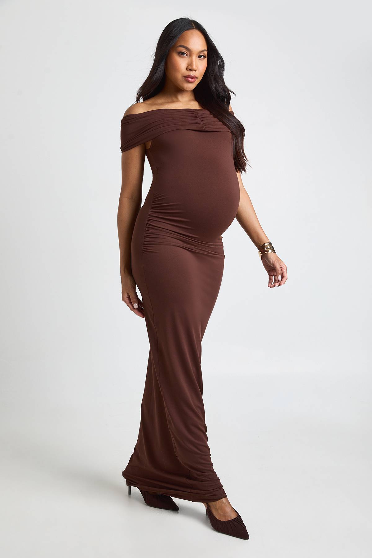 boohoo Robe Maxi De Maternité Bardot Froncée