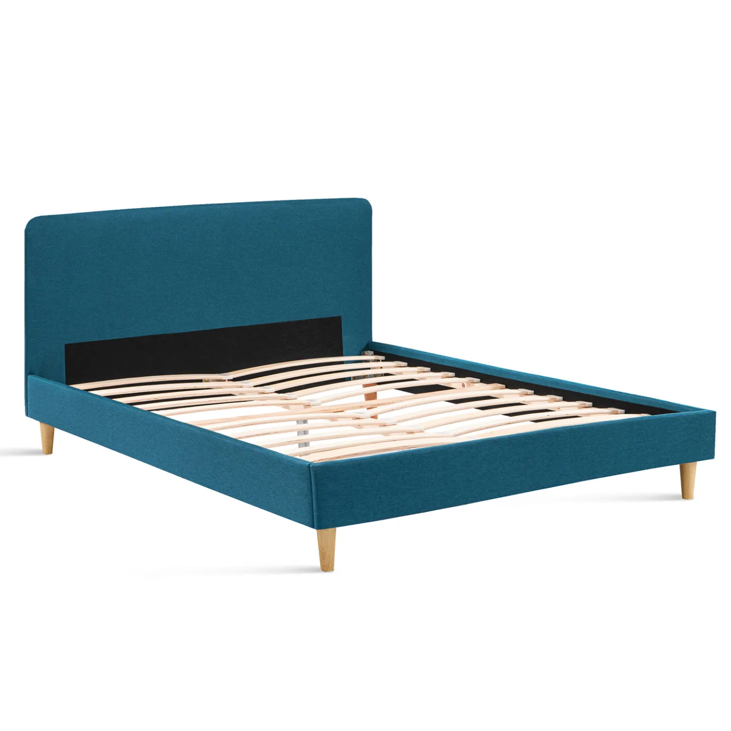 Lit double scandinave BALTA avec tête de lit et sommier 160 x 200 cm tissu bleu canard