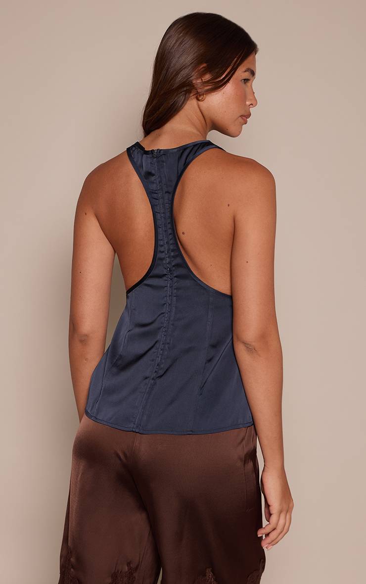 Bleu Marine Top En Satin Dos Nageur Coupe Longue Avec Détails