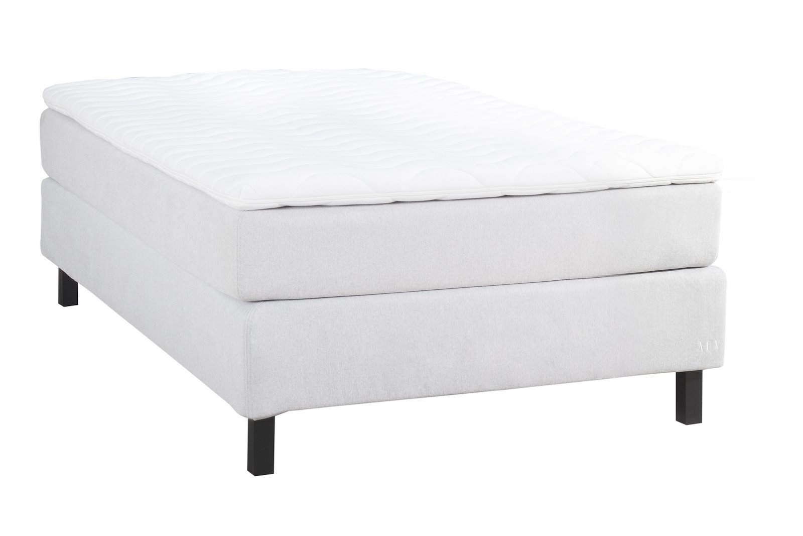 Komfort 3 kontinentalseng 120x200 cm i tekstil Primo lys grå 84 med medium fasthet, Komfort 3 overmadrass og firkantet sorte ben 15 cm