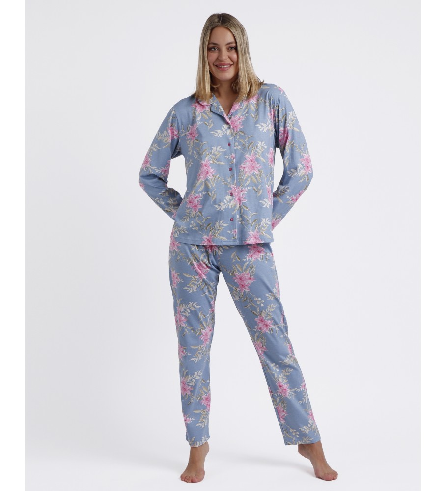 Pijama Admas de manga comprida aberto com flores rosa e azul