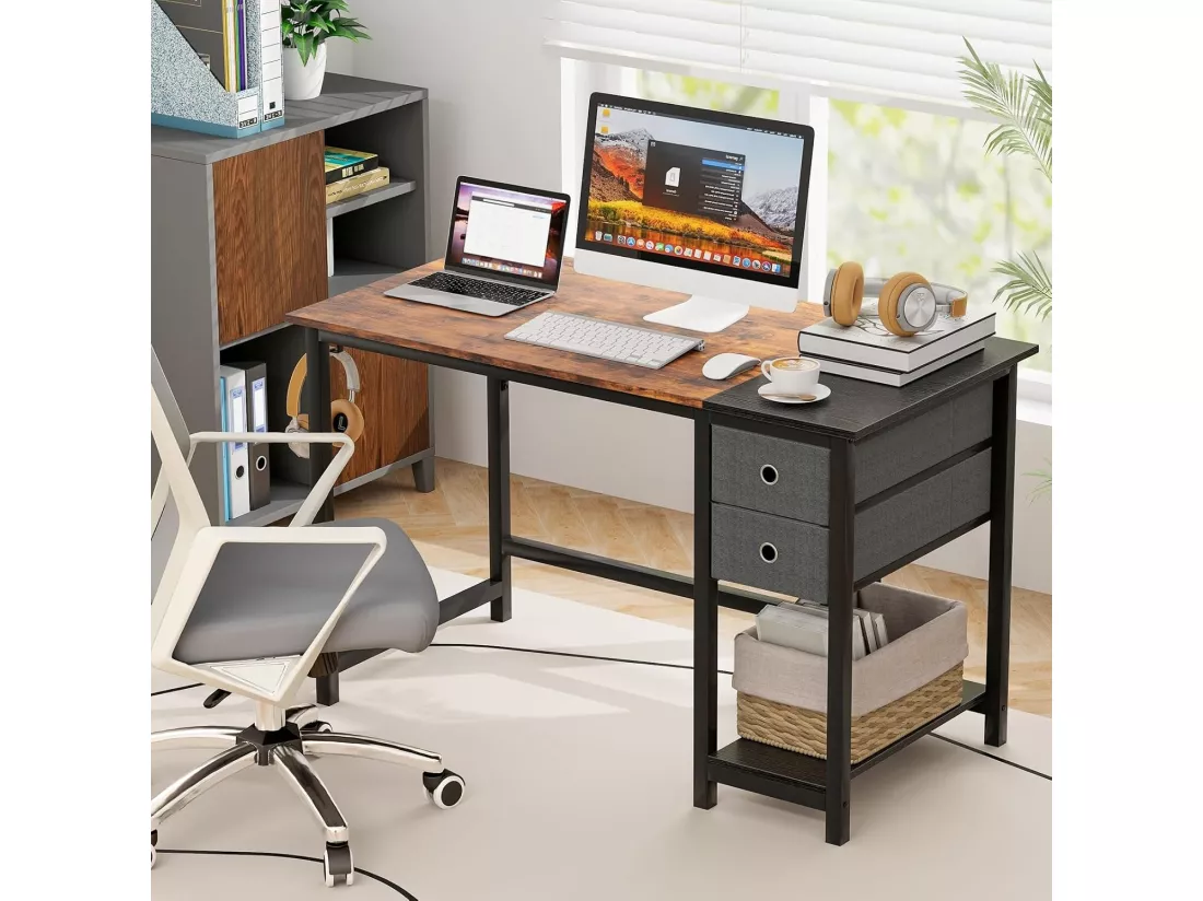Bureau d'Ordinateur 60 x 120 cm, Table de Bureau avec 2 Tiroirs Étagère, Bureau d'Écriture, Table d'Étude, Postes de Travail pour Chambre, Bureau, Marron Rustique