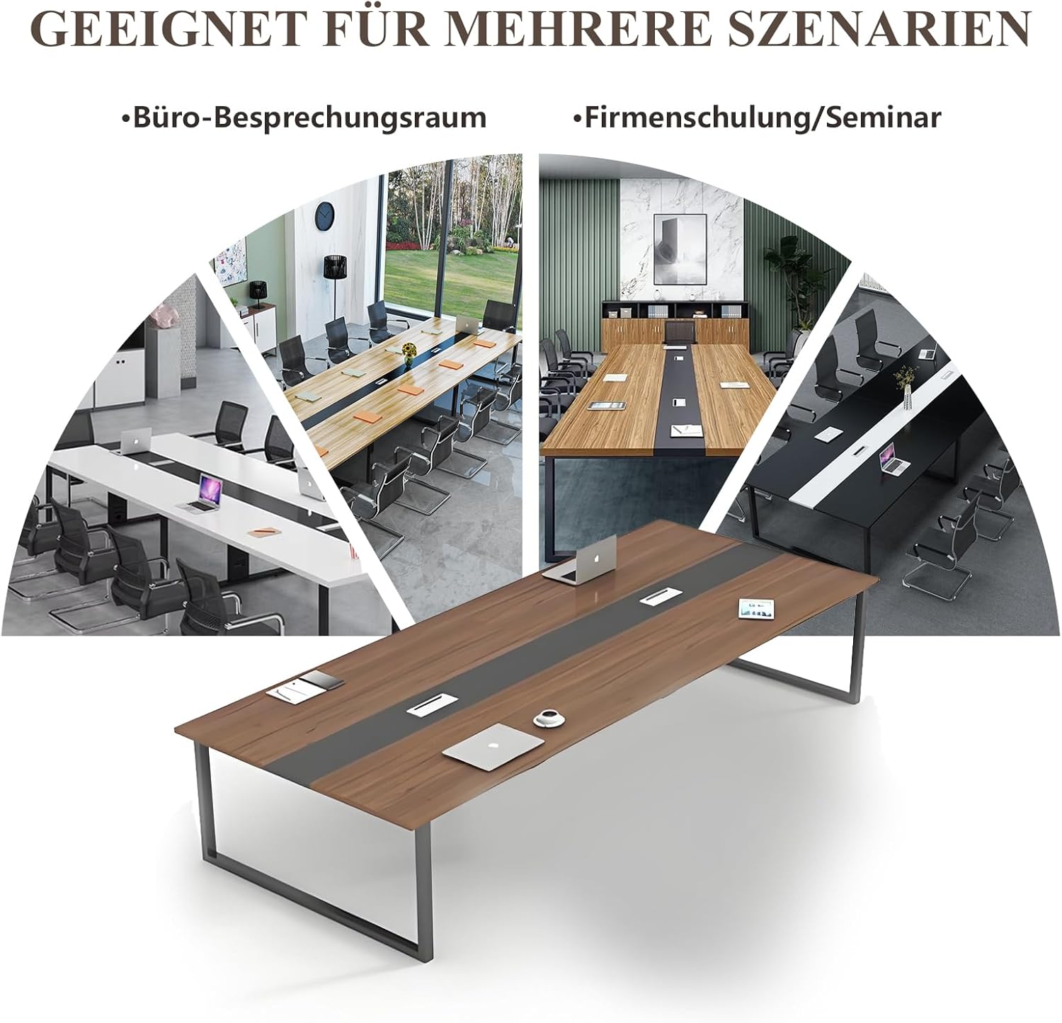 Großer Konferenztisch Büro – Moderner Besprechungstisch mit Kabelmanagement, Rechteckiger Meetingtisch für 8–12 Personen, Stabiler Metallrahmen (ohne Stühle)