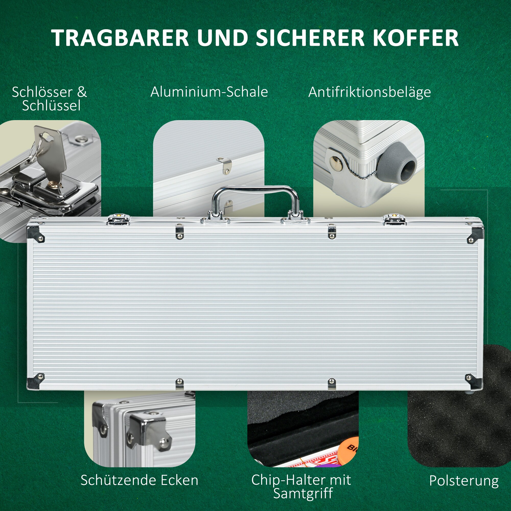 SPORTNOW Pokerkoffer mit 500 Chips silber 56L x 23,5B x 6,5H cm