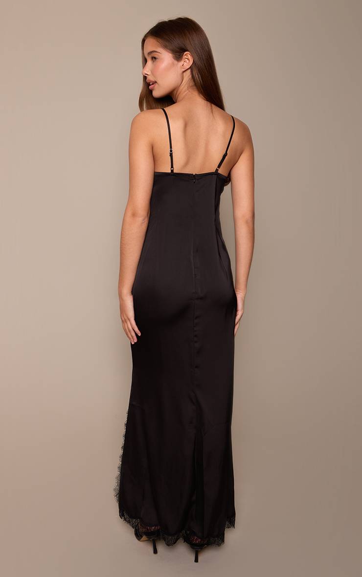 Noir Robe Nuisette Longue En Satin À Bordure Dentelle