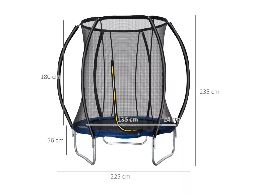 Trampoline enfant Ø 2,25 × 2,35H m filet de sécurité porte zipée couvre-ressorts 6 poteaux rembourrés incurvés bleu