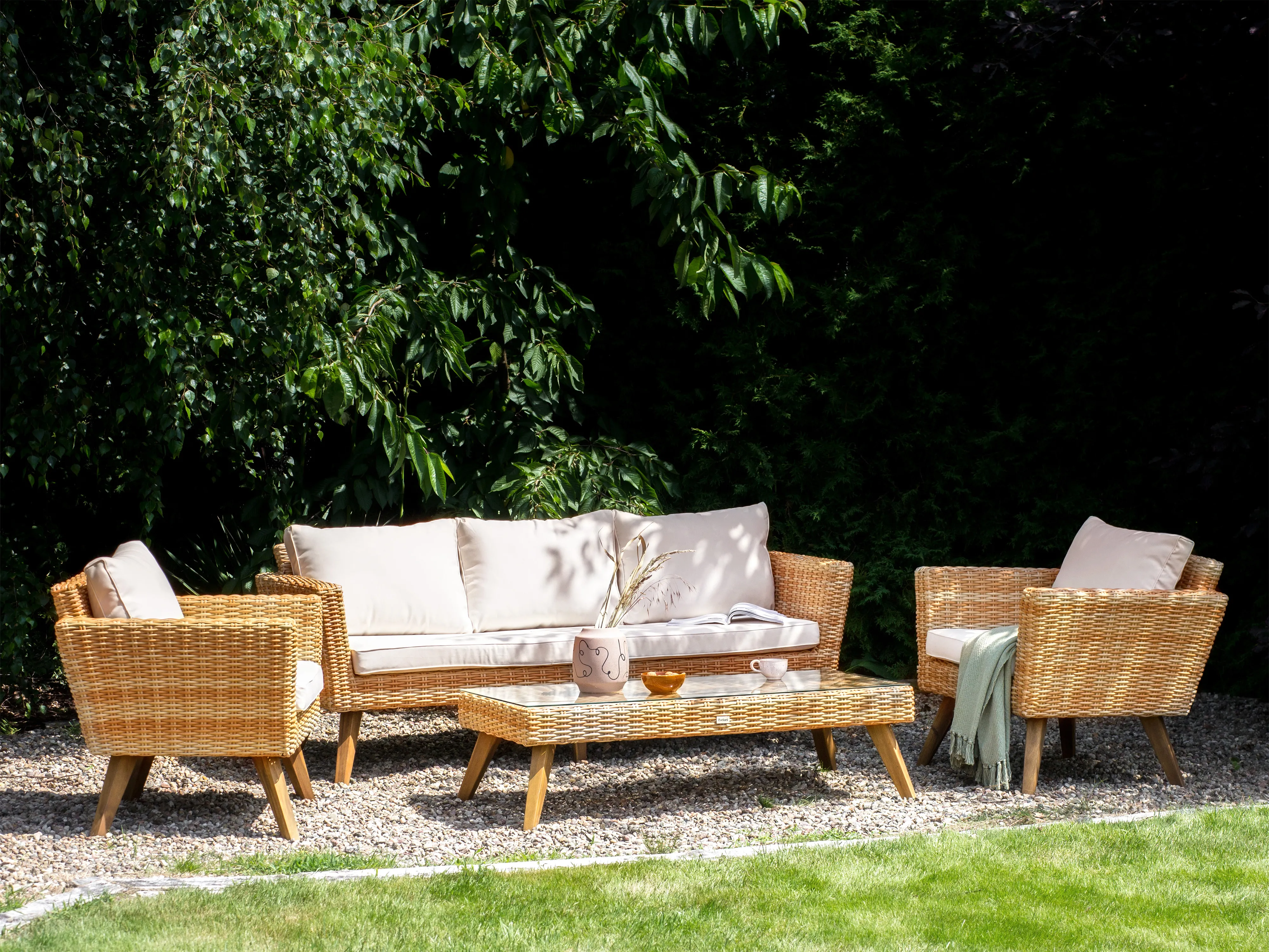 Loungeset met tafel 5-zits VITTORIA XL PE rotan Gebroken wit