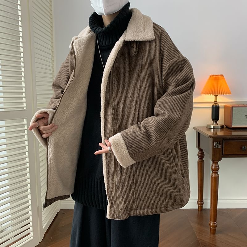 Plummie - Kraagjas van effen fleece en corduroy met rits