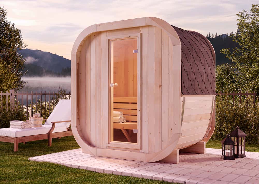 FinnTherm ScandiCube Mini XXS Barrelsauna met 1 houten bank, 42 mm wanddikte, buitensauna met bevestigingsmateriaal, zonder ramen, natuurlijke afwerking, 2,1 x 1,3 m