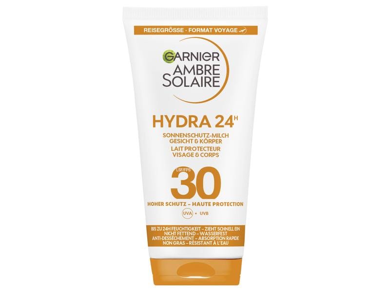 Garnier Ambre Solaire Sonnenmilch Hydra 24 h LSF 30 50 ml Sonnenschutz mit feuchtigkeitsspendender Formel mit Shea-Butter