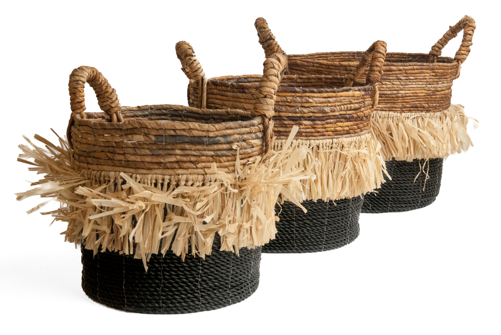 Gevlochten mand natural/zwart, zeegras met raffia M