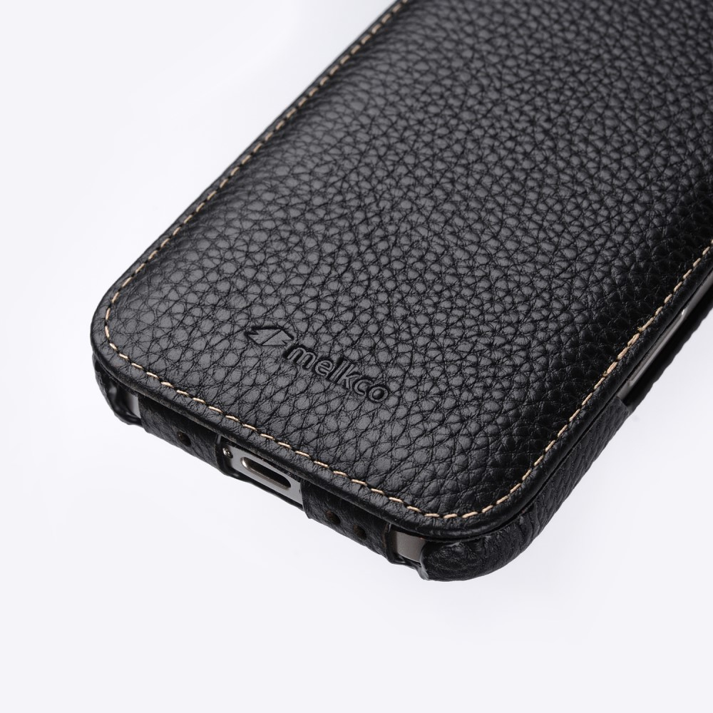 iPhone 16 Pro Echtleder Tasche Flip Cover Vertikal Litchi Look - Schwarz