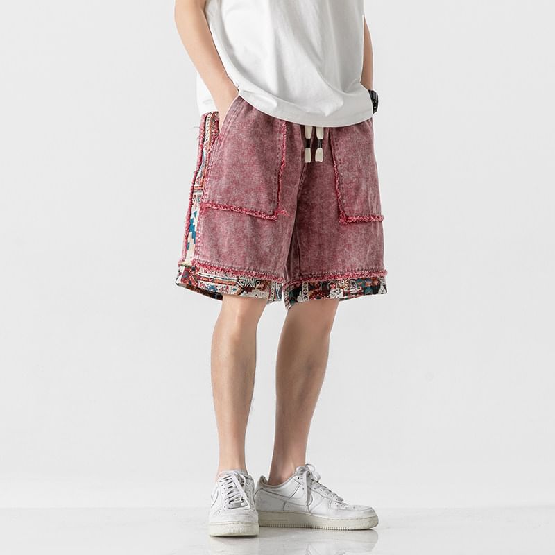 VEAZ - Denim shorts met trekkoord in de taille en gewassen rafelpaneel