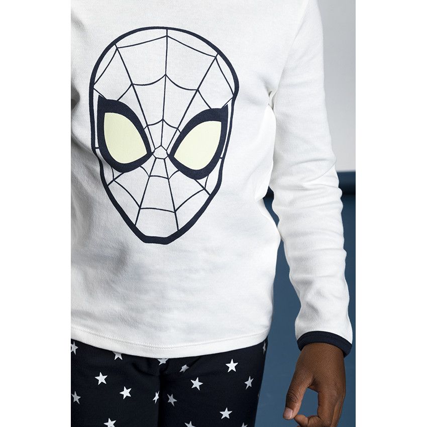 Pyjama en interlock 2 pièces t-shirt manches longues + pantalon imprimé fluo Spiderman pour garçon - Ecru