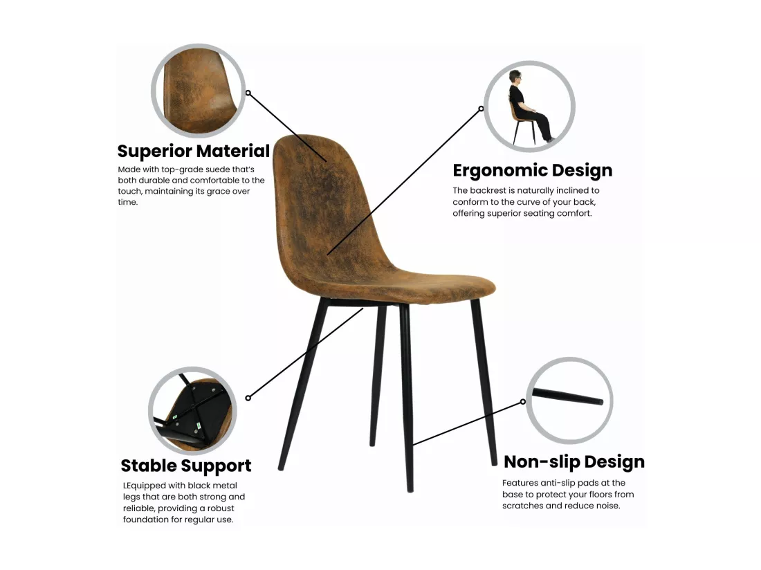 Lot de 4 chaises - Style vintage et design scandinave - En faux daim - Idéales pour cuisine - Marron