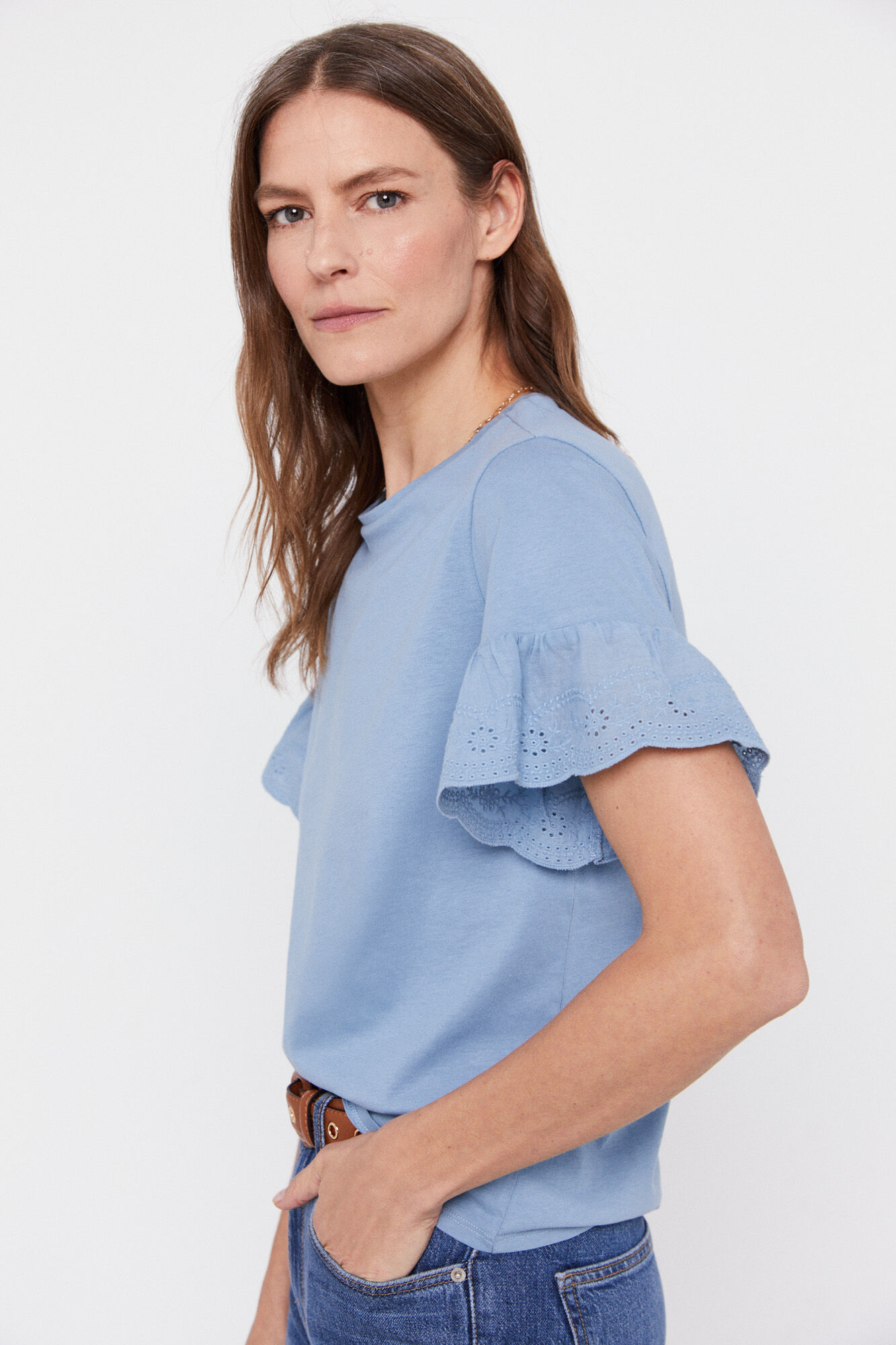 Camiseta combinada bordada em inglês - Azul