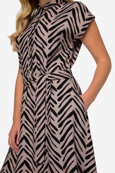 Leinenmix-Kleid, Zebra-Stil Print, Hemdkragen, Taillengürtel, Halbarm