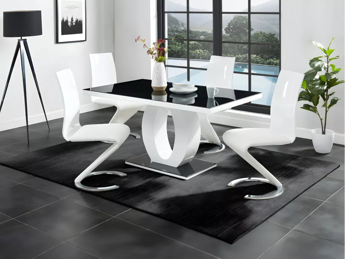 Table à manger TWIST - 6 personnes - MDF laqué & Verre trempé - Noir & Blanc