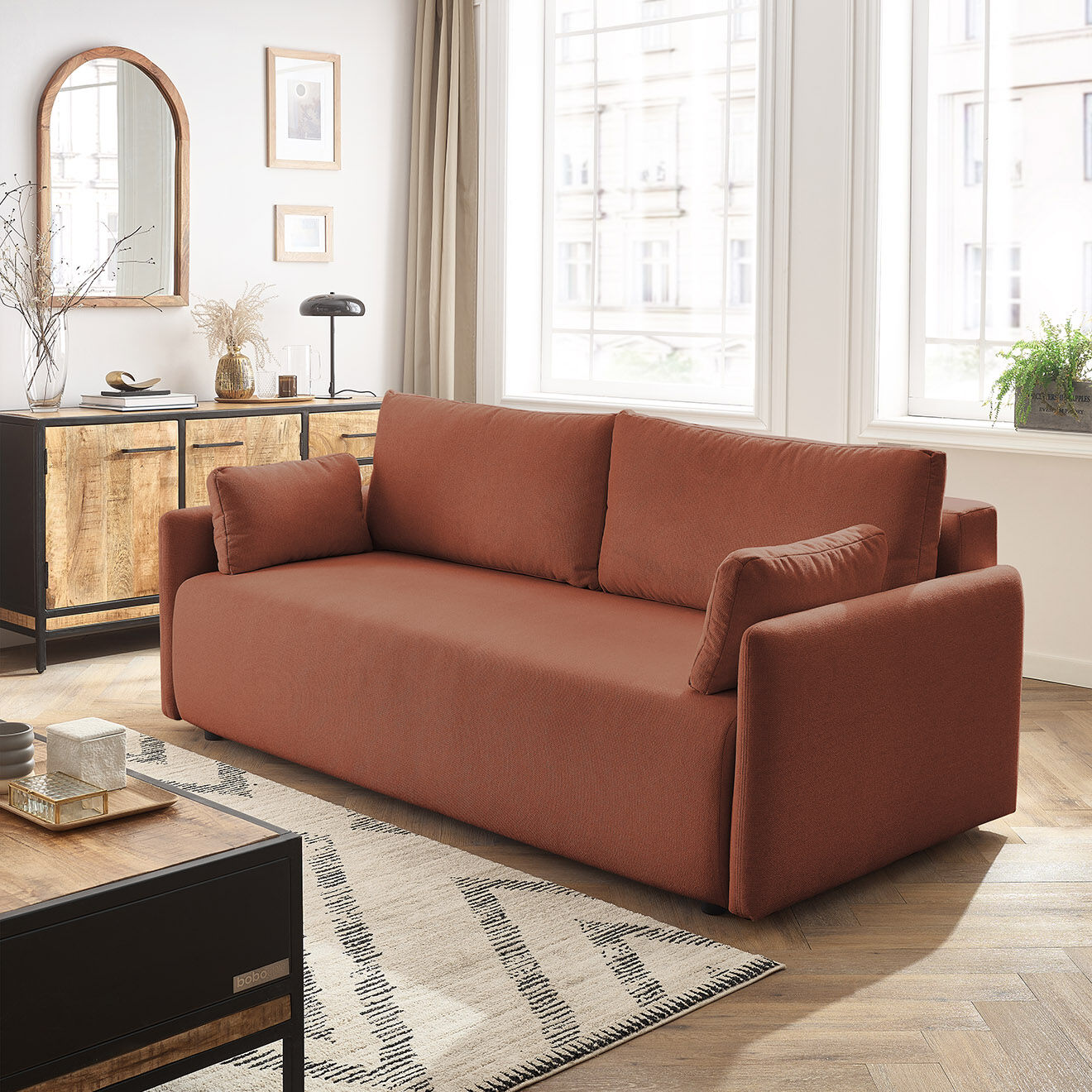 Bobochic Canapé droit convertible coffre marcel tissu lisse orange - 211x100x86 cm