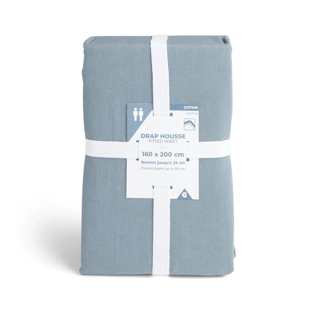Drap housse 160x200cm 100% coton bleu chiné