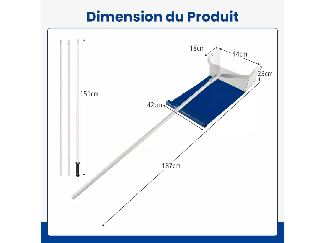 Râteau à Neige pour Toit avec 4 Tiges Longueur Max de 624 cm, Déneigement de Toit en Aluminium avec Poignée Antidérapante Tête de Coupe Large, pour Maison Véhicule Garage