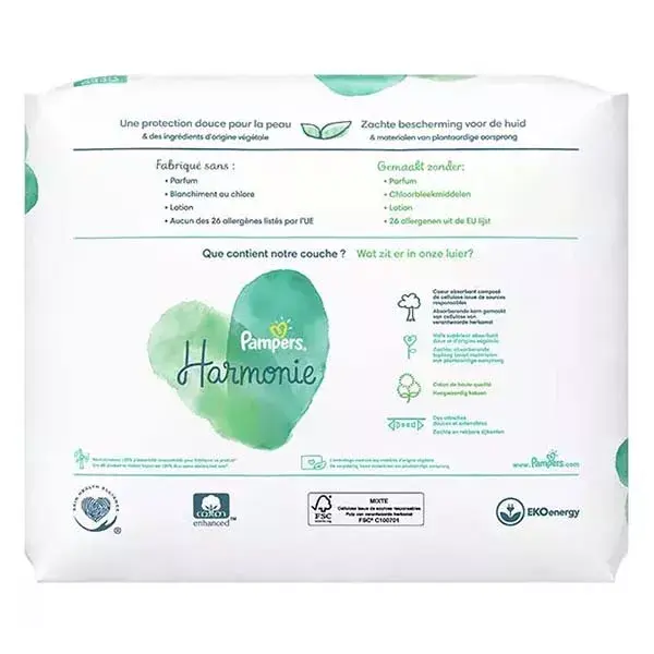 Fraldas Pampers Harmonie tamanho 3 (6-10 kg) com embalagem de papel reciclável