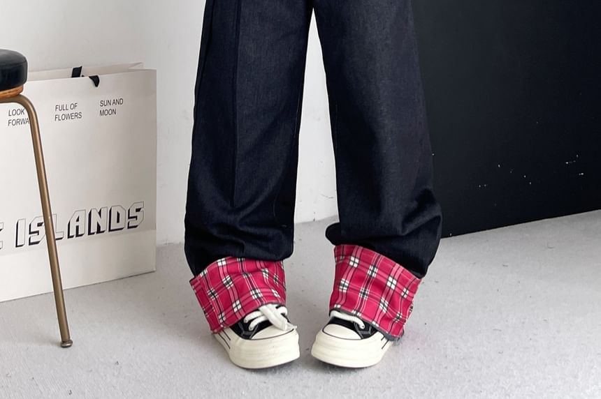 Kenning - Lage taille geruite broek met wijde pijpen