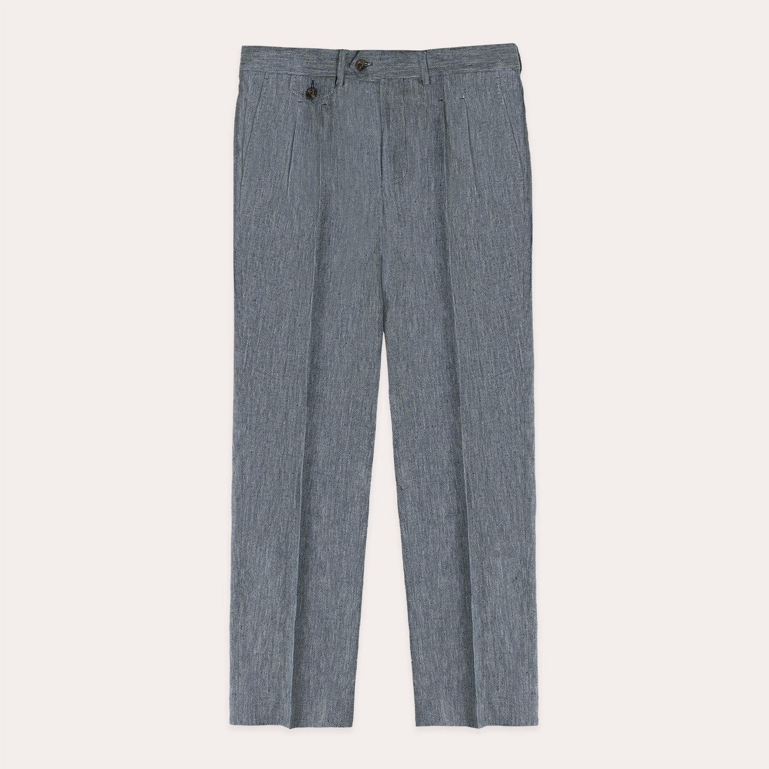 Double-pleated trousers in heather blue linen and cotton