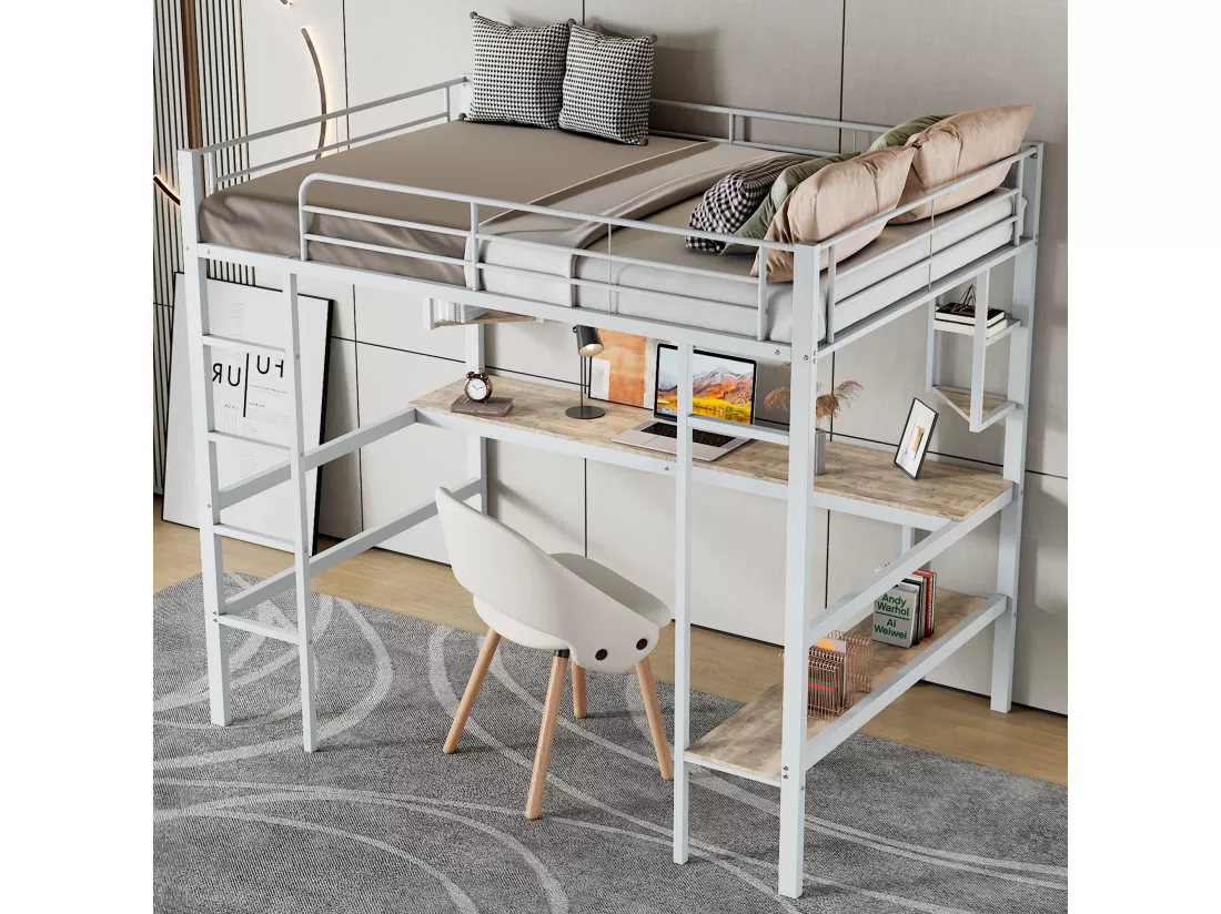 Lit mezzanine 90 x 200 cm avec bureau et étagères de rangement - métal - sommier à lattes - blanc