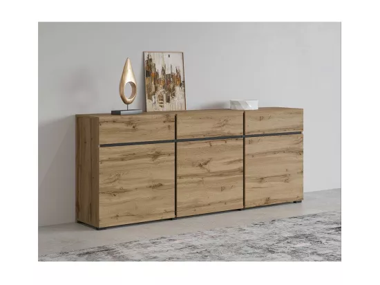 Buffet coloris chêne et noir 180cm collection HAVANA. Bahut design avec 3 portes et 3 tiroirs.