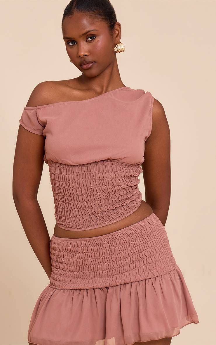 Mauve Top Court À Épaules Dénudées Froncé