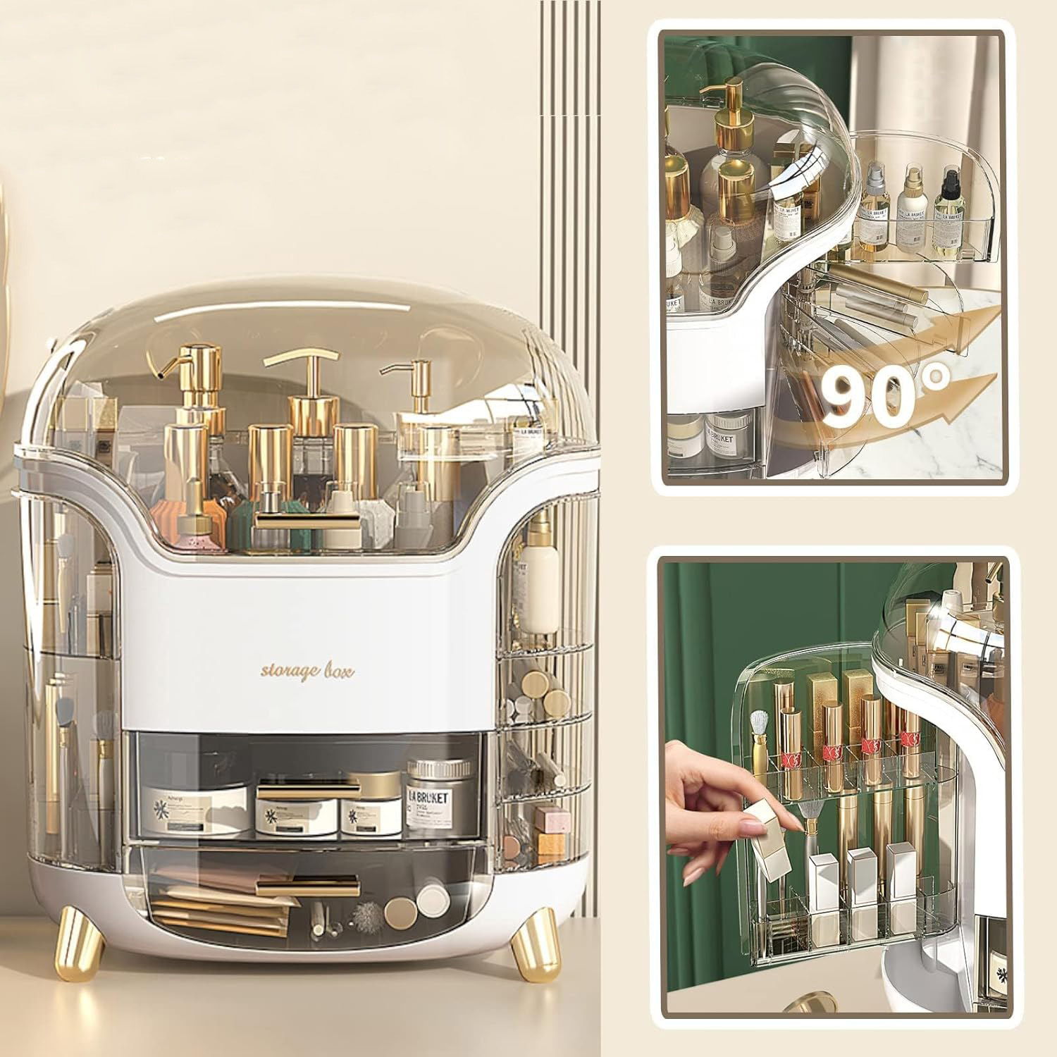 Make Up Organizer Schminktisch Kosmetik Aufbewahrung mit Deckel und Schubladen - Transparent / Grün