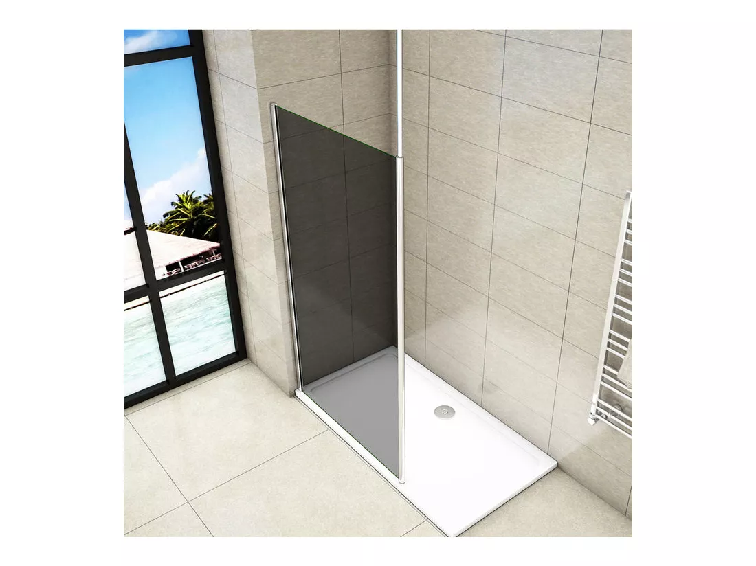 Paroi de douche grise 100x200cm à l'italienne avec barre de fixation au plafond 203-320cm, en 8mm verre trempé anticalcaire