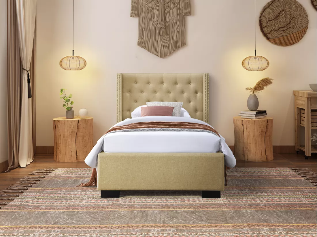 Lit 90 x 200 cm avec tête de lit capitonnée - Tissu - Beige + Matelas - MASSIMO II