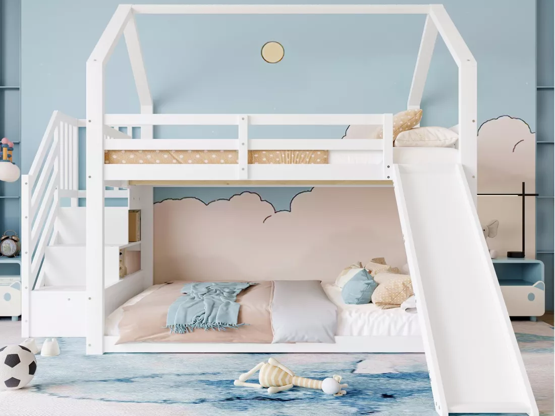 Lit superposé 140x200cm en bois - avec barrières + escalier de rangement + toboggan - Blanc