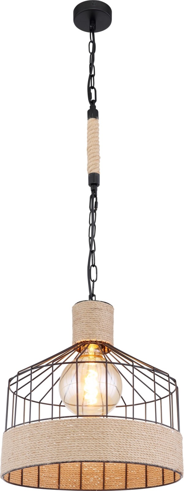 Pendelleuchte - schwarz matt-braun - Hanfseil - 135 cm