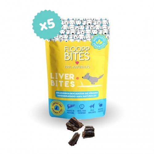 Pacote de petiscos FlooppBITES 100% naturais, pedaços de fígado para cães.