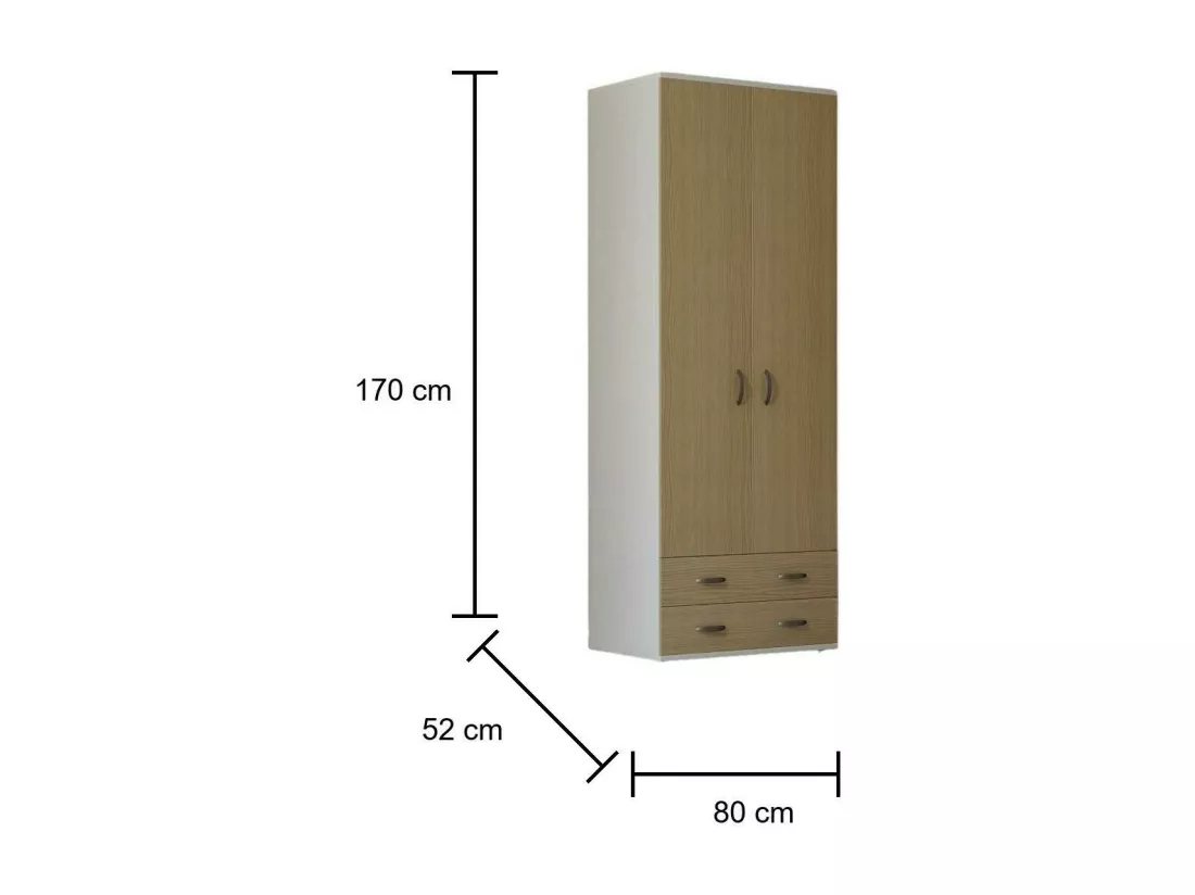 Garde-robe 2 portes Dpruzz, Meubles de chambre, Dressing avec portes, Armoire, Made in Italy, 80x52h170 cm, Blanc et chêne