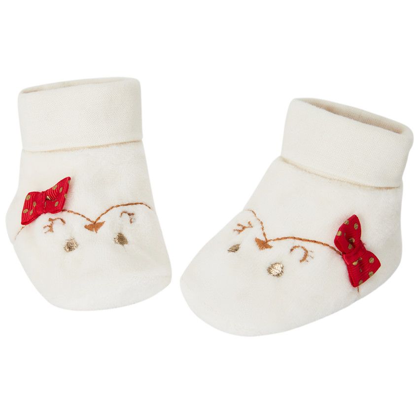 Chaussons ludiques en velours pour bébé fille - Ecru