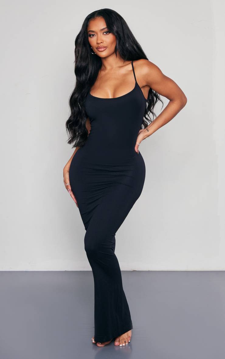 Noir Robe Longue Moulante Sans Coutures À Bretelles Extensible