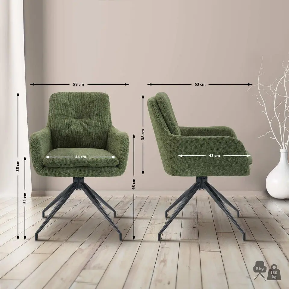 CLP Set van 2 Eetkamerstoel Pickett mat zwart Frame - Stof - groen