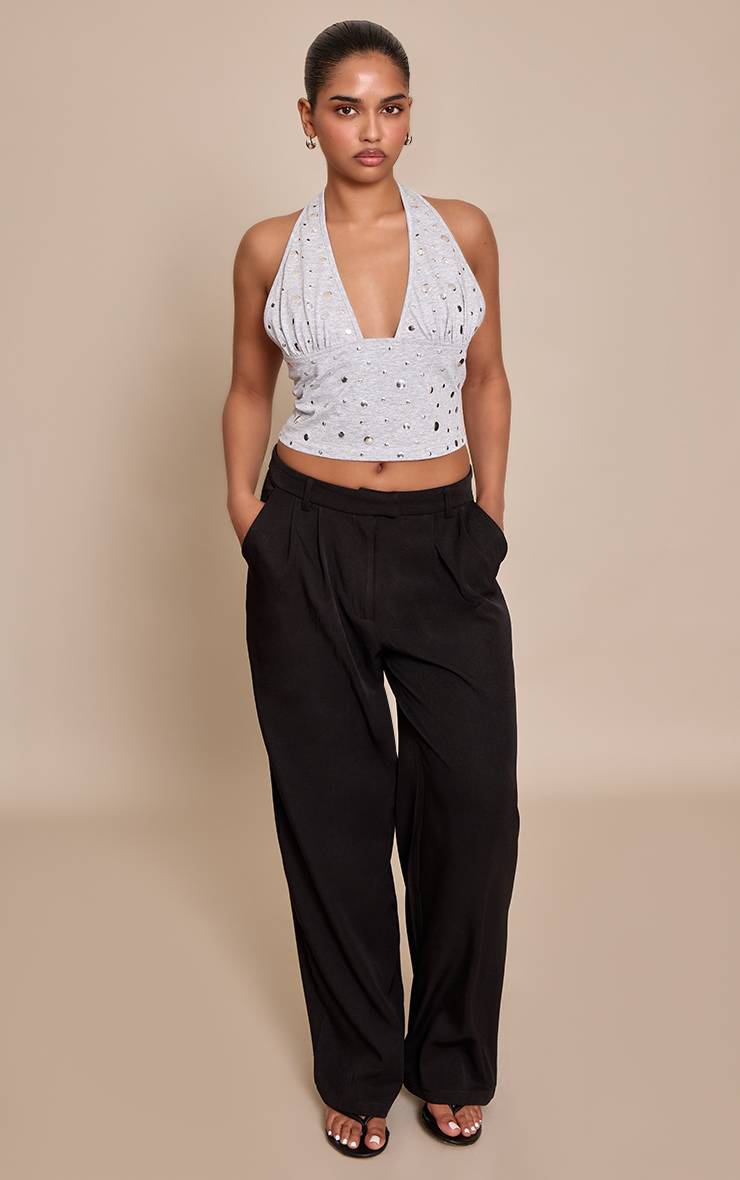 Gris Top Court Petite Col Licou Avec Détails Cloutés