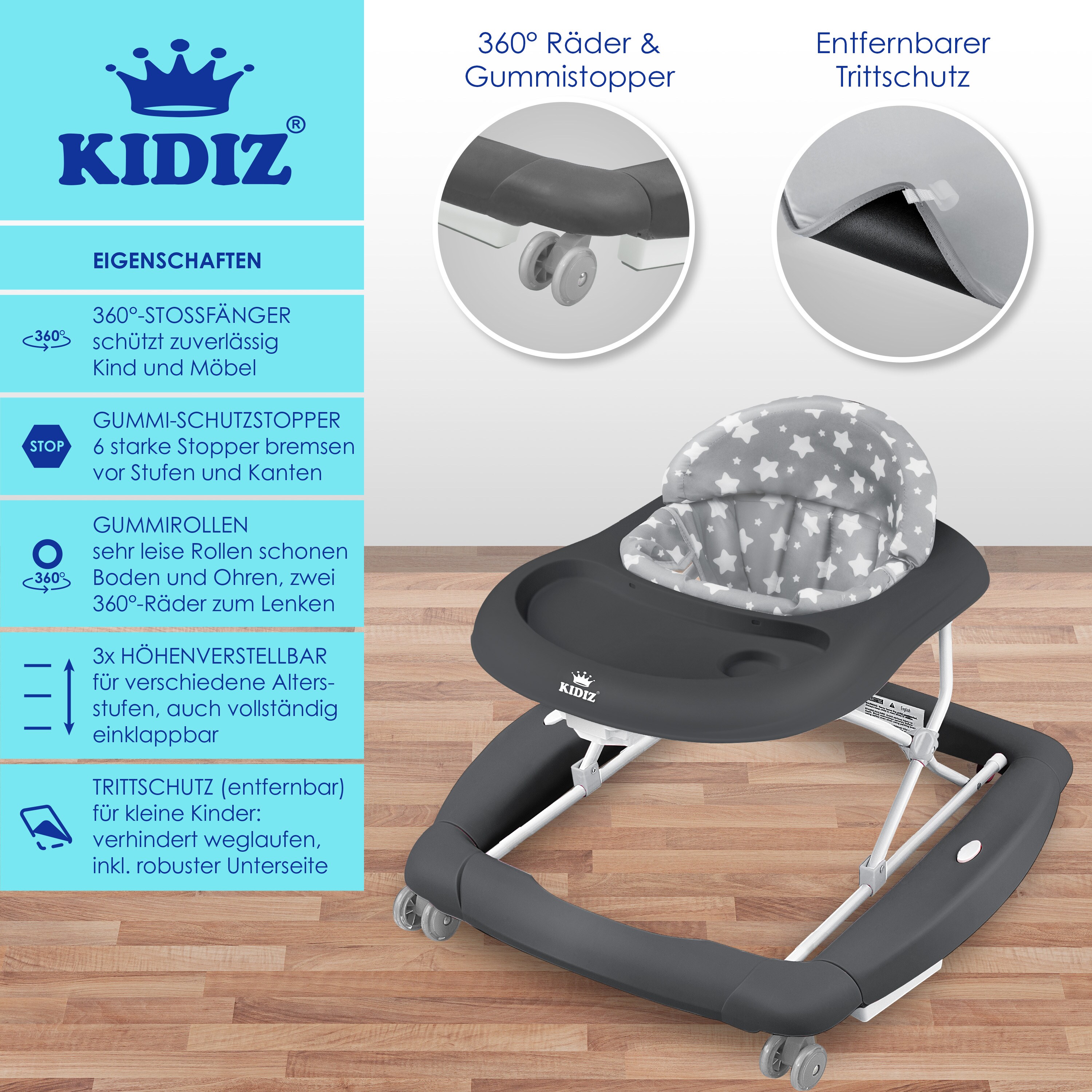 KIDIZ® 4in1 Lauflernhilfe Babywalker Spiel- und Lauflernwagen Gehfrei - Schaukelfunktion Babywippe mit Rollen, Licht, Musik ,Spielecenter Esstisch Laufstuhl Laufhilfe babys ab 6 Monaten Klappbar