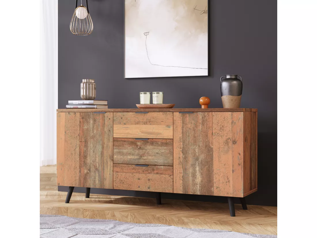 Buffet effet bois vieilli avec étagères réglables 2 portes 3 tiroirs GRANCUK
