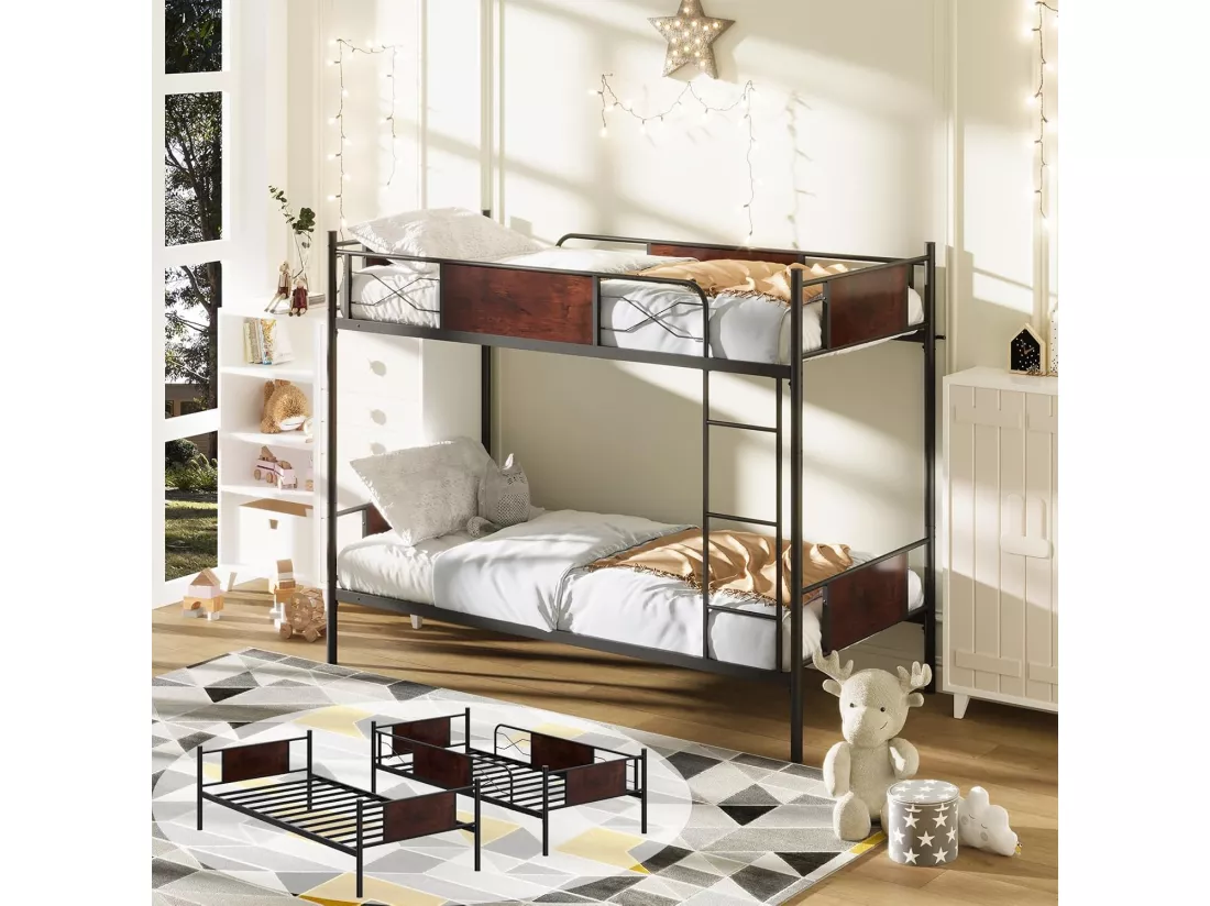Lit Superposé en Métal 90x190cm, 2 Lits Simples Détachables pour Enfant/Adulte avec Échelle, Garde-Corps, Dispositif Anti-basculement, Style Industriel, pour Chambre à Coucher, Dortoir
